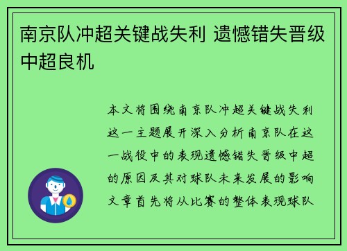 南京队冲超关键战失利 遗憾错失晋级中超良机 南京队冲超关键战失利 遗憾错失晋级中超良机